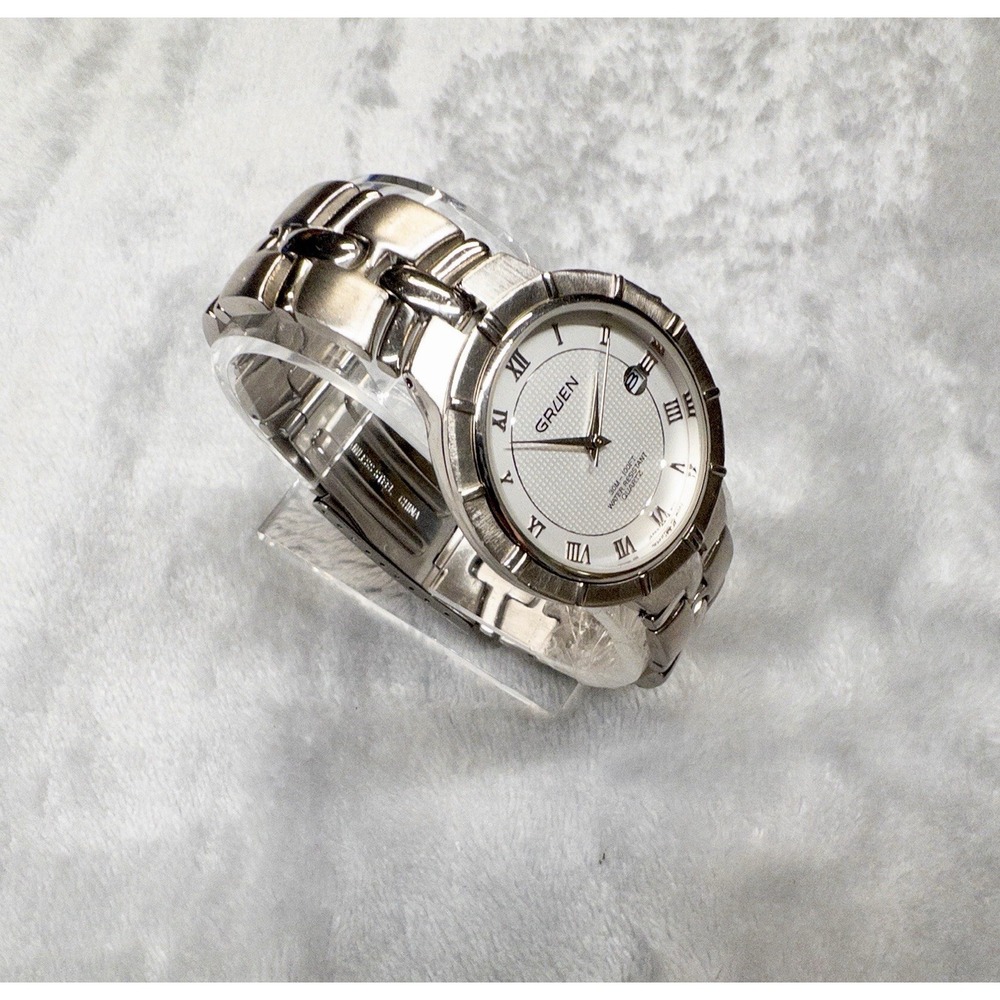Gruen Silver Tone Unisex 37mm Watch Date Function New Battery Cleaned Polished